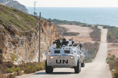 A vehicle from the United Nations Interim Force in Lebanon, known as UNIFIL, is deployed in Naqoura, southern Lebanon, near the border with Israel.