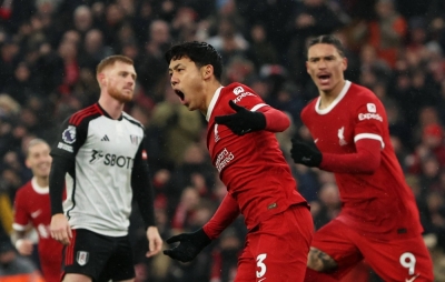 Liverpool's Wataru Endo celebrates after scoring against Fulham at Anfield on Sunday. Liverpool won 4-3.