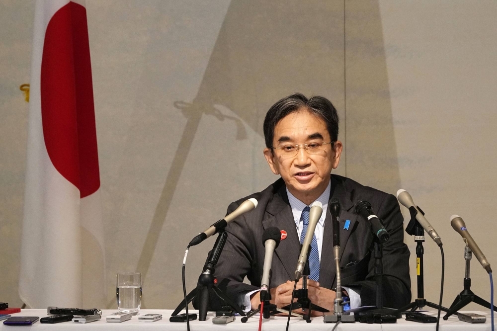 Japanese Ambassador to China Hideo Tarumi speaks at a news conference in Beijing on Monday.