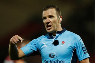 Referee Tom Foley reacts during a Premiership Rugby game in September 2021. Foley has said that he will step away from international match officiating for the foreseeable future due to online abuse.