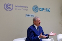 Former U.S. Vice President Al Gore speaks during an interview at COP28 in Dubai on Sunday. He has said the whole COP process needs a rethink. | REUTERS