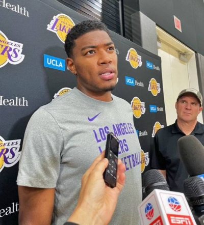 Los Angeles Lakers forward Rui Hachimura speaks to reporters in Los Angeles on Monday
