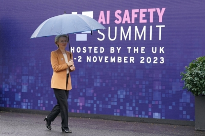 President of the European Commission Ursula von der Leyen arrives at the U.K. Artificial Intelligence (AI) Safety Summit at Bletchley Park in Milton Keynes, Buckinghamshire, Britain, on Nov. 2.