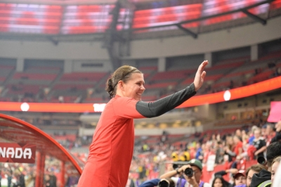 Canada forward Christine Sinclair waves to the crowd after her final international game came to an end on Tuesday in Vancouver. 