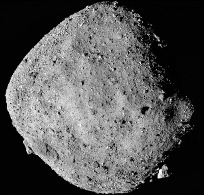 A mosaic image of asteroid Bennu, composed of 12 PolyCam images collected by the Osiris-Rex spacecraft from a range of 24 kilometers