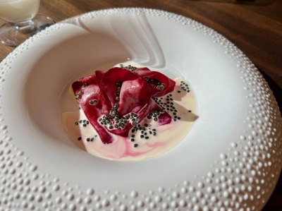 Beet carpaccio served with fresh cream and caviar, the signature dish of three-Michelin-star chef Mauro Colagreco, features at Cycle, his much-anticipated new restaurant in Otemachi.