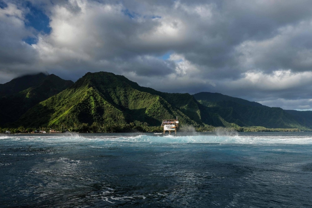 The judges' tower in Teahupo'o in Tahiti, French Polynesia, during a pro surfing event in August. Residents of Teahupo'o have protested plans by Olympic organizers to build a 14 meter aluminum tower ahead of the 2024 Games. 