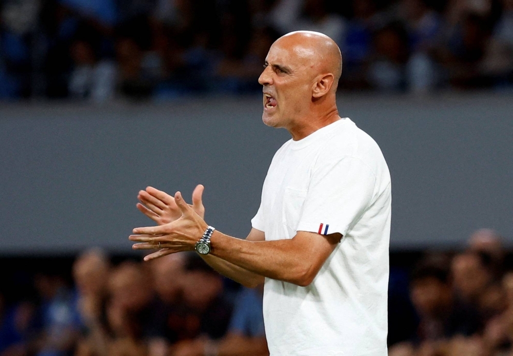 Yokohama F. Marinos manager Kevin Muscat during an exhibition match against Manchester United at National Stadium in Tokyo in July