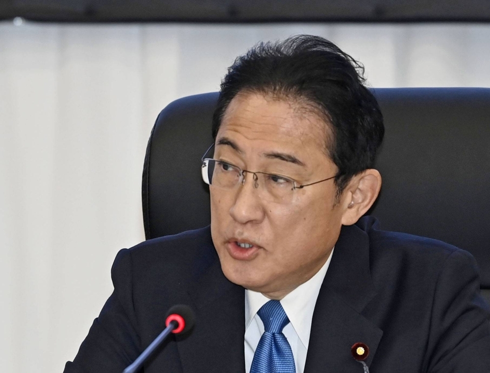 Prime Minister Fumio Kishida speaks during a meeting in Nagasaki on Saturday