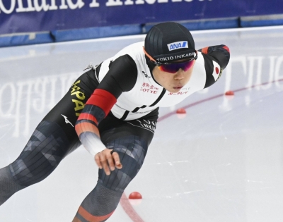 Miho Takagi of Japan competes en route to winning gold in the women's 1,000 meters at a World Cup speedskating meet in Tomaszow Mazowiecki in Poland on Sunday.