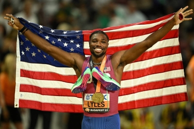 Gold medalist Noah Lyles of the U.S. celebrates after the men's 200m final at the World Athletics Championship in Budapest on Aug. 25.