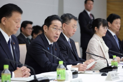 Prime Minister Fumio Kishida speaks at a government meeting on child policies on Monday.