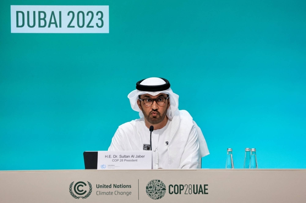 COP28 President Sultan Ahmed Al Jaber gives a press conference at the United Nations Climate Change Conference in Dubai on Dec. 4.