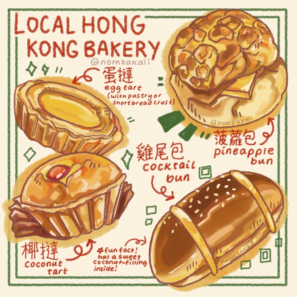A digital painting of Hong Kong bakery items by Tam Ka-yan, which was published on Instagram in 2020. 