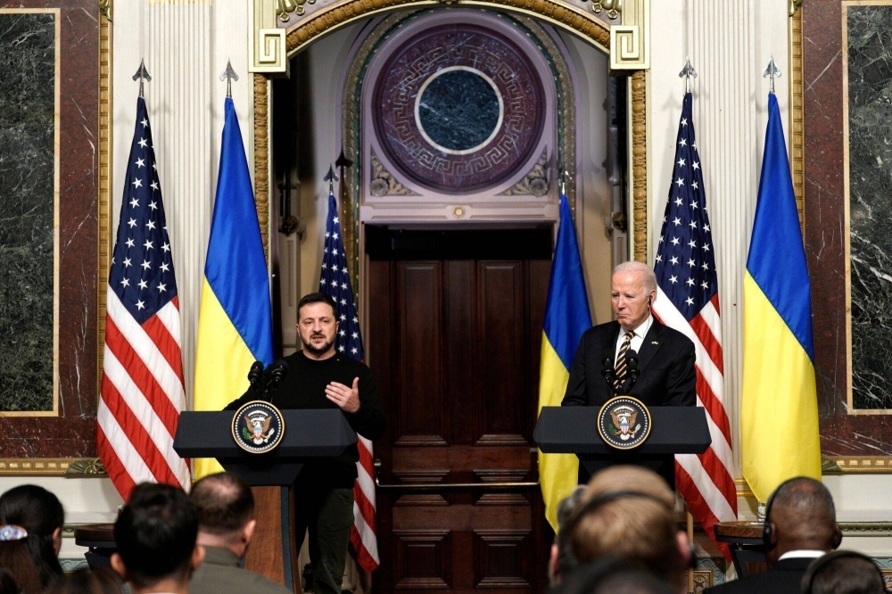 U.S. President Joe Biden and Ukrainian leader Volodymyr Zelenskyy speak during a news conference in Washington on Tuesday. Zelenskyy came to the U.S. Congress to appeal for more aid to resist Russia's invasion, and Republican leaders told him to first wait for an elusive U.S. deal on immigration.