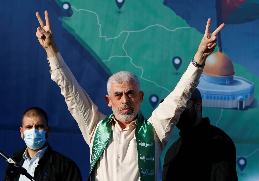 Hamas leader Yehia Sinwar addresses an anti-Israel rally in Gaza City in May 2021.