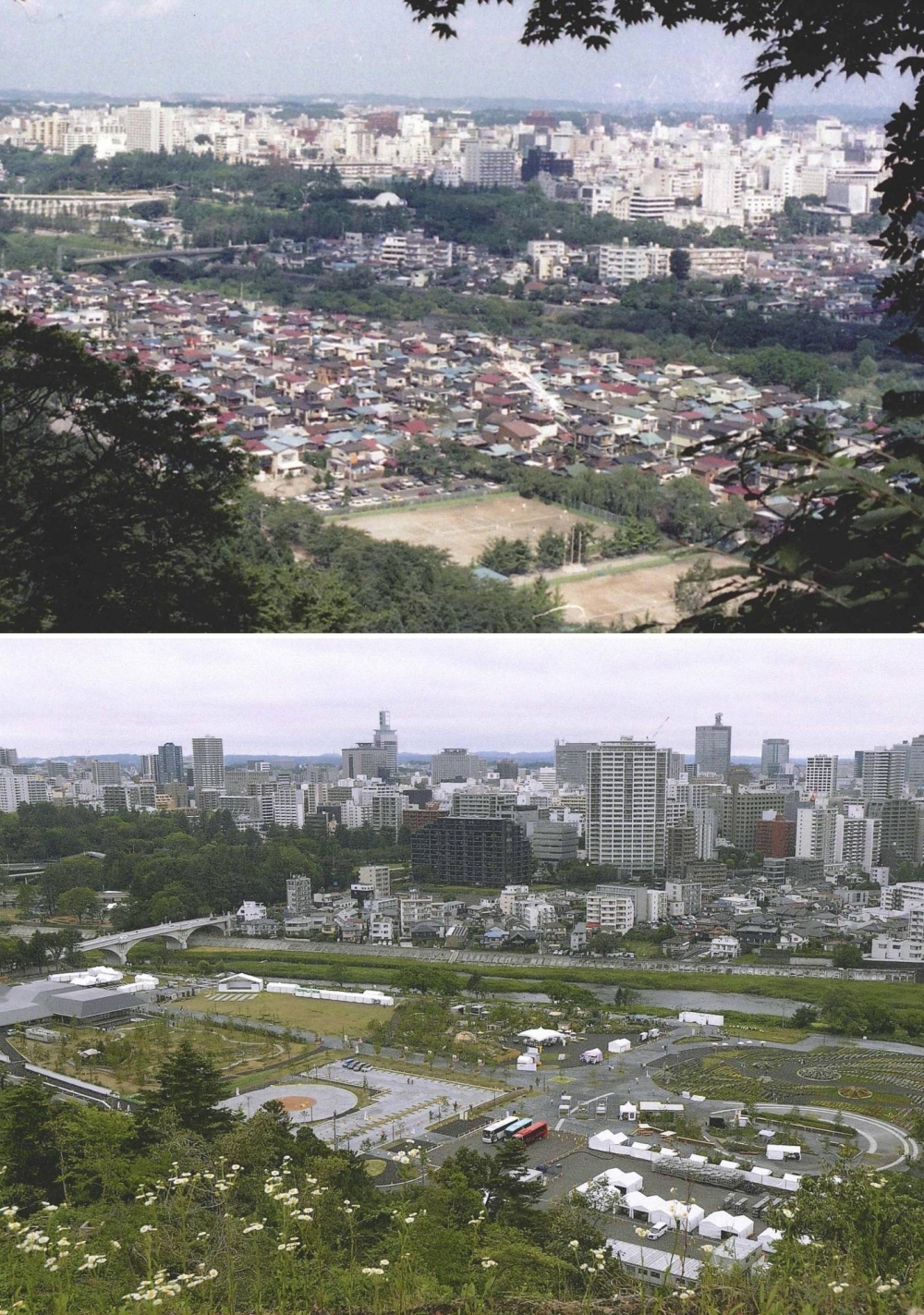 The Oimawashi district of Sendai in 1997 (top) and June 2023