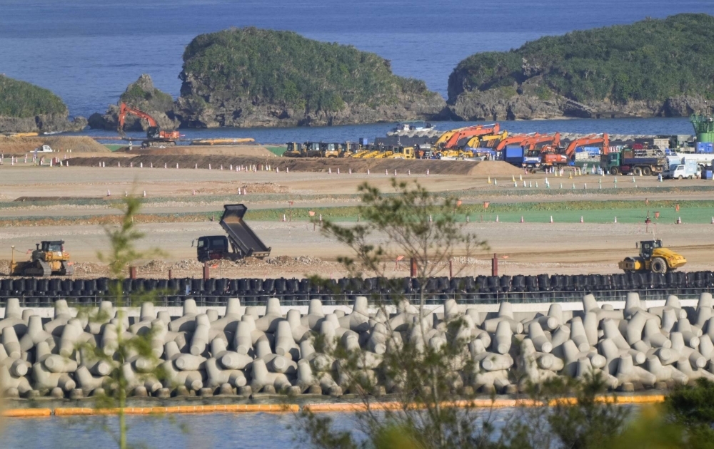 Construction work is conducted in the Henoko coastal area in Nago, Okinawa Prefecture, on Thursday.