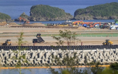 Construction work is conducted in the Henoko coastal area in Nago, Okinawa Prefecture, on Thursday.