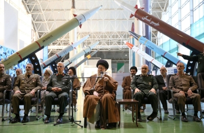 Iran's Supreme Leader, Ayatollah Ali Khamenei, speaks at a IRGC Aerospace Force achievements exhibition in Tehran on Nov. 19.
