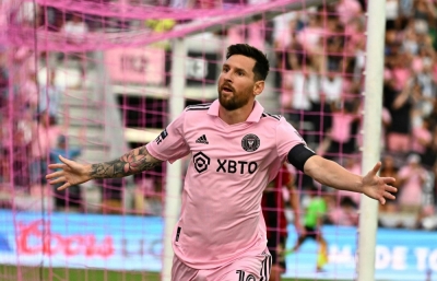Inter Miami forward Lionel Messi celebrates after scoring a goal during a match in Fort Lauderdale, Florida, in July. 