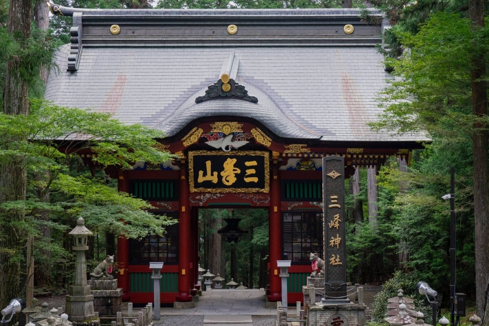 Stone wolf statues guard the main gate leading to Mitsumine Shrine, a center of wolf-worship in Japan. Stone wolf statues guard the main gate leading to Mitsumine Shrine, a center of wolf-worship in Japan.