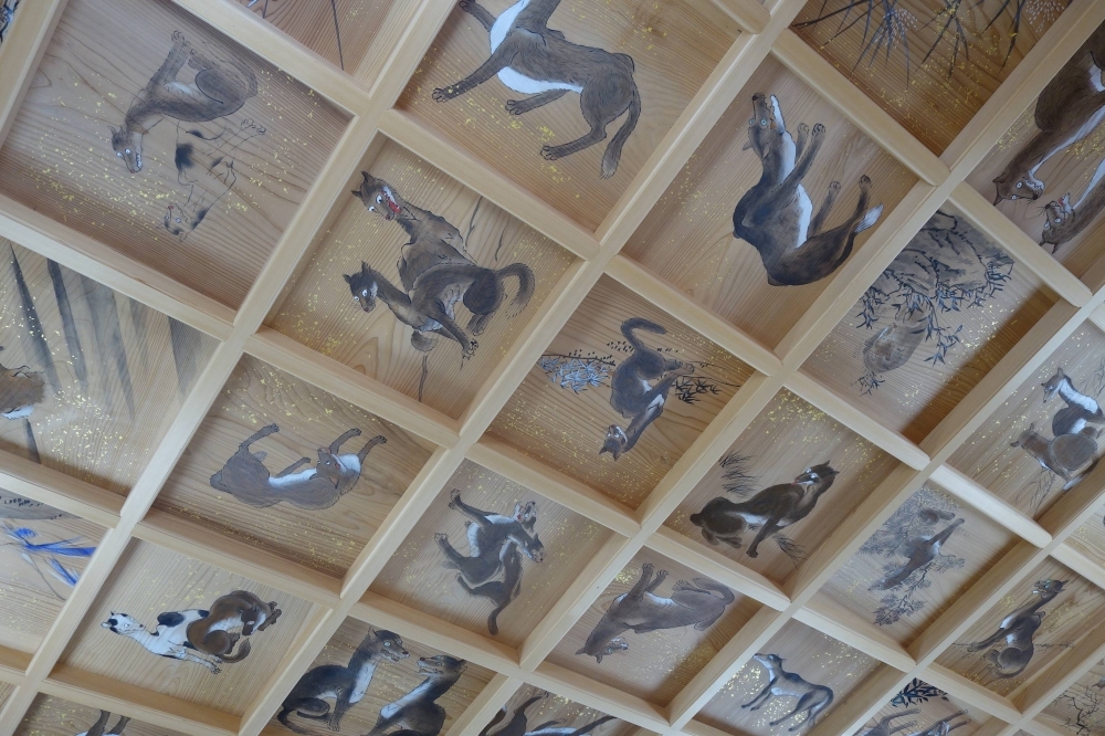 The reproduced ceiling paintings of wolves at Yamatsumi Shrine in Iitate, Fukushima Prefecture The reproduced ceiling paintings of wolves at Yamatsumi Shrine in Iitate, Fukushima Prefecture