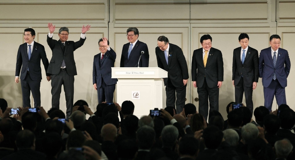 Senior members of the Abe faction, the largest in the ruling Liberal Democratic Party, attend a fundraising event in Tokyo on May 16.