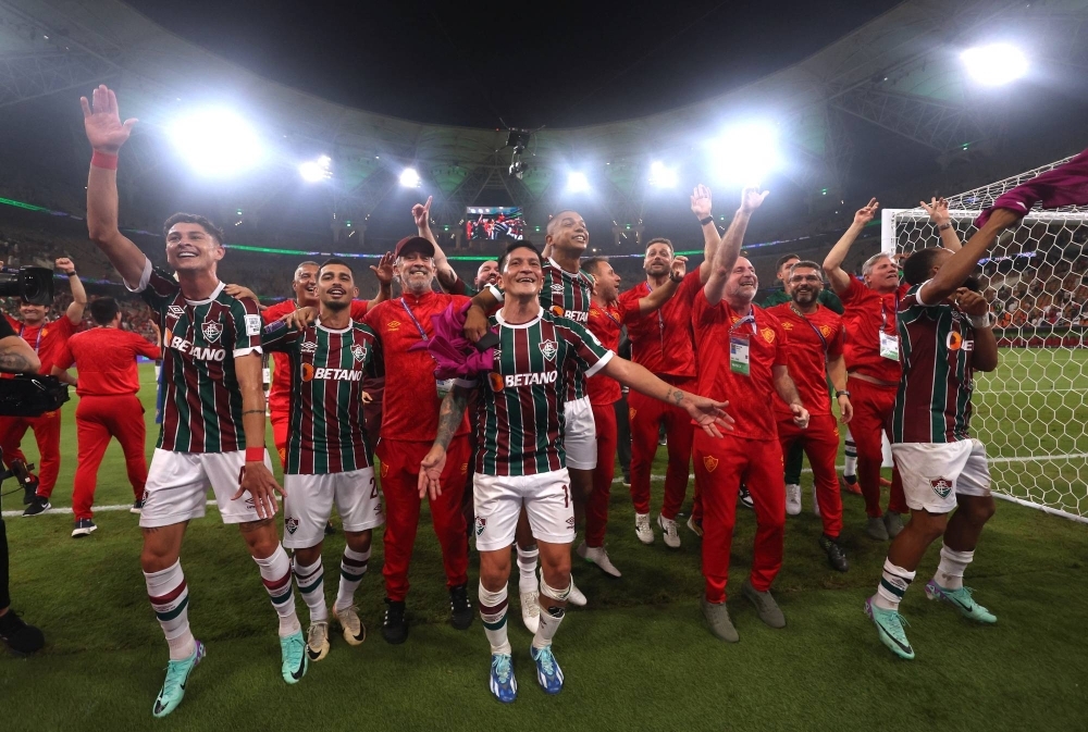 Fluminense players celebrate after defeating Al Ahly in the semifinals of the FIFA Club World Cup in Jeddah, Saudi Arabia, on Monday.