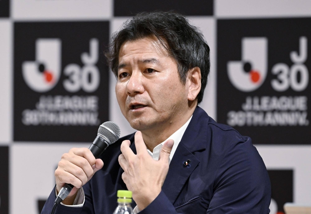 J. League Chairman Yoshikazu Nonomura holds a news conference on Tuesday in Tokyo. 