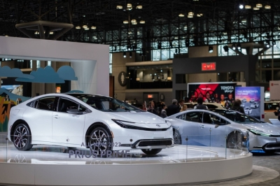 A 2023 Toyota Prius vehicle during an auto show in New York in April