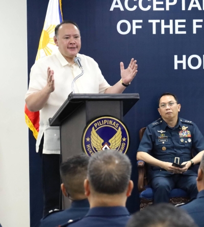 Philippine Defense Secretary Gilberto Teodoro speaks at a ceremony held at a former U.S. military base in San Fernando, the Philippines, on Wednesday.