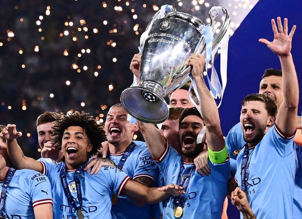 Manchester City players celebrate winning the Champions League final over Inter Milan in Istanbul in June. 