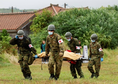 Self-Defense Forces soldiers take part in an evacuation drill on Yonaguni island in Okinawa Prefecture in November. 