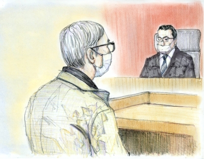 An artist's depiction of Masaaki Osaka as he listened to the judge's verdict on Friday at the Tokyo District Court