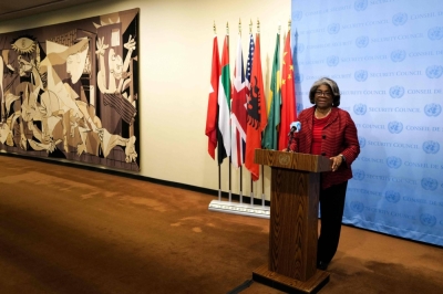 U.S. Ambassador to the United Nations Linda Thomas-Greenfield speaks after a U.N. Security Council meeting in New York on Friday. 