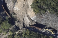 According to the Nara Prefectural Police and other sources, a slope about 5 meters high and 20 to 30 meters wide along National Route 169 collapsed, blocking the road with mud. | KYODO