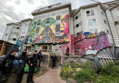 French police evict migrants from a squat in a disused industrial building not far from the Paris 2024 Olympic Village in Ile-Saint-Denis, near Paris, in April.