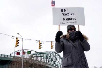 Demonstrators rally against COVID-19 vaccine mandates in Buffalo, New York, in February 2022.