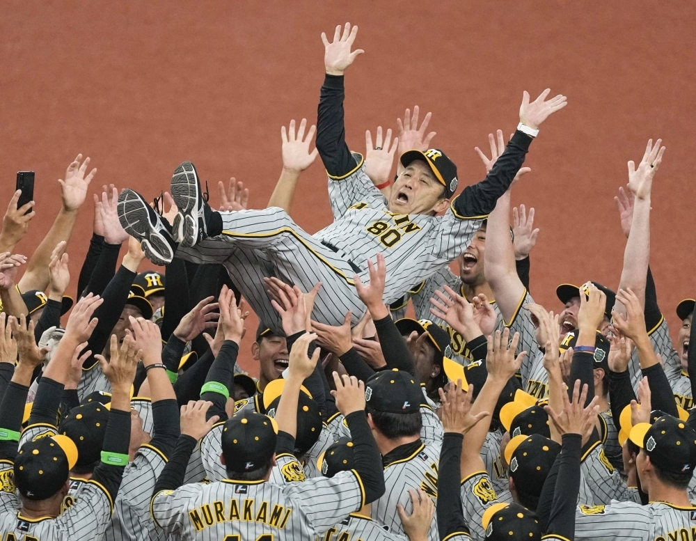 Hanshin Tigers players toss manager Akinobu Okada into the air after the team won its first Japan Series since 1985, at Kyocera Dome Osaka on on Nov. 5