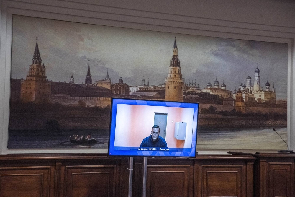 Russian opposition leader Alexei Navalny appears for his court hearing in Moscow on Jan. 28, 2021.