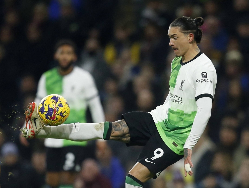 Liverpool's Darwin Nunez in action against Burnley on Tuesday. Nunez notched his eighth goal of the season and first since Nov. 1 in the team's 2-0 win.