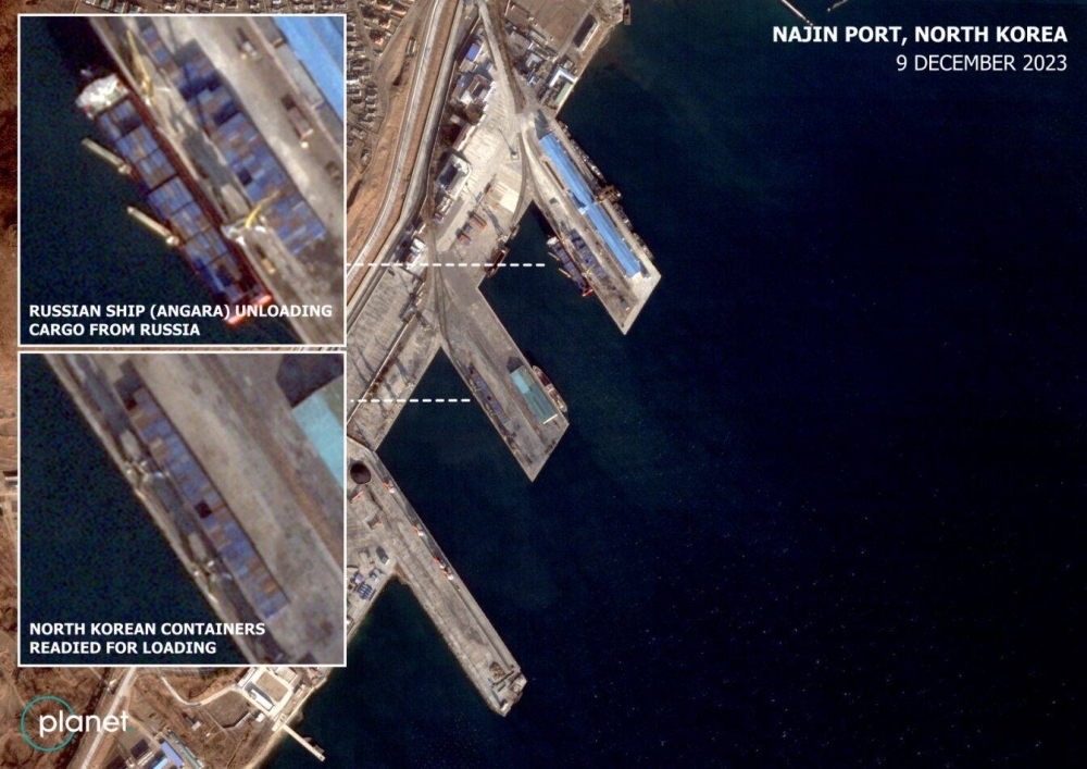 An image from Dec. 9 appears to show the Russian container ship Angara, sanctioned by the U.S., unloading cargo at Najin port while containers from North Korea await loading at an adjacent pier.