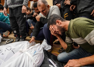 Palestinian's mourn relatives killed in an Israeli strike at the Nasser hospital in Khan Yunis on the southern Gaza Strip on Thursday.