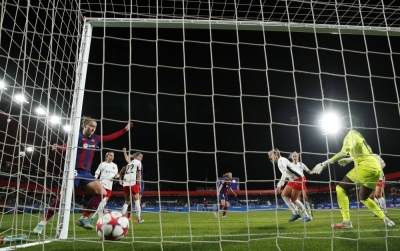FC Barcelona's Martina Fernandez scores during a Women's Champions League group match against FC Rosengard in Barcelona on Dec. 21. A share of 83% of respondents from a recent corporate survey said they planned to increase their investment in women's sports in 2024.
