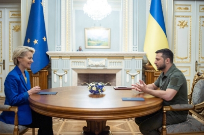 Ukraine's president, Volodymyr Zelenskyy, and European Commission President Ursula von der Leyen hold discussions in Kyiv in September 2022.  