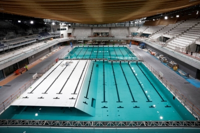The Olympics Aquatics Centre under construction in Saint-Denis, near Paris, on Thursday