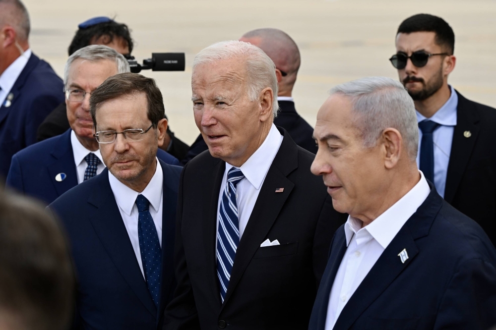 U.S. President Joe Biden is greeted by Israeli Prime Minister Benjamin Netanyahu as he arrives in the country amid the Israel-Hamas war, on Oct. 18. No other episode in the past half-century has tested the relationship between the United States and Israel in such an intense and consequential way as the Israel-Hamas war of 2023.