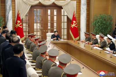 North Korean leader Kim Jong Un meets with commanders of the Korean People's Army in Pyongyang in this undated picture released Monday.  