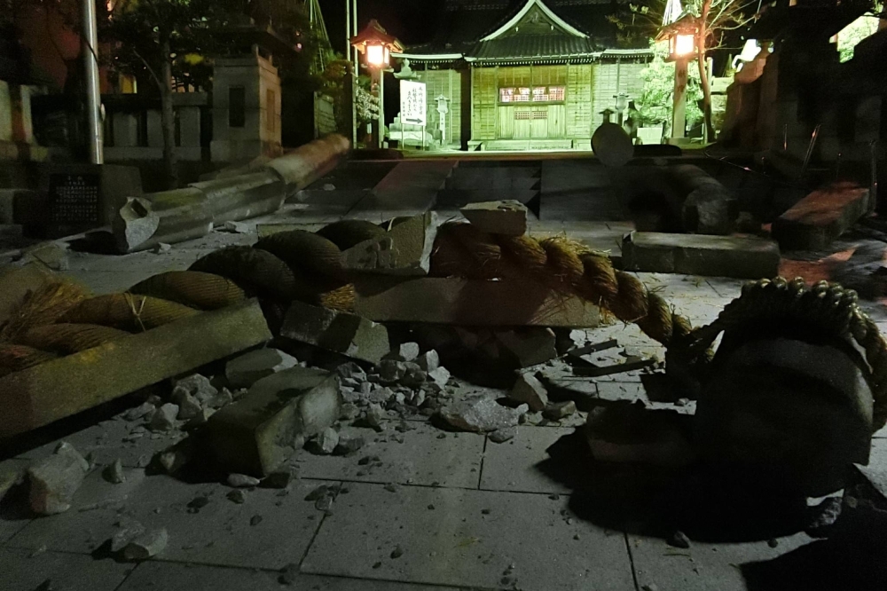 A portion of the quake damage to Onohiyoshi Shrine in Kanazawa, Ishikawa Prefecture